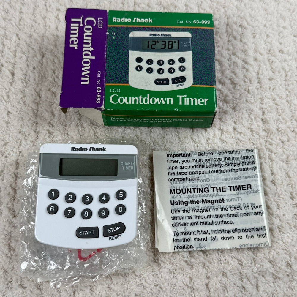 Radio Shack LCD Countdown Timer 63-893 Vintage White Magnetic Quartz Alarm New